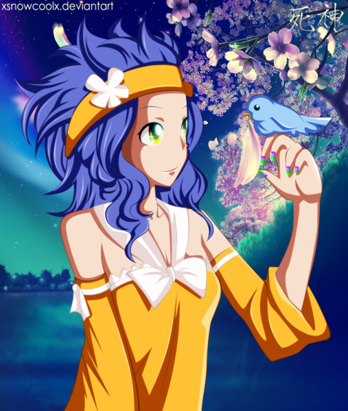 Anime picture 900x1066 with fairy tail levy mcgarden xsnowcoolx single long hair tall image smile bare shoulders yellow eyes purple hair night night sky coloring cherry blossoms girl dress plant (plants) detached sleeves animal petals