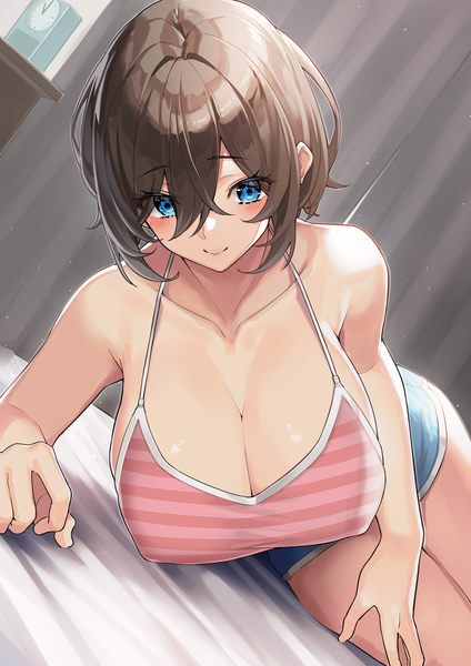 Anime picture 4961x7016 with original yamanokami eaka single tall image looking at viewer blush fringe highres short hair breasts blue eyes light erotic smile hair between eyes brown hair absurdres indoors lying arm support dutch angle
