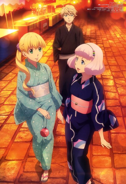Anime picture 4084x5948 with aldnoah.zero a-1 pictures slaine troyard asseylum vers allusia lemrina vers envers yamanaka yuuichi long hair tall image highres short hair blue eyes blonde hair multiple girls green eyes pink hair absurdres traditional clothes japanese clothes official art side ponytail
