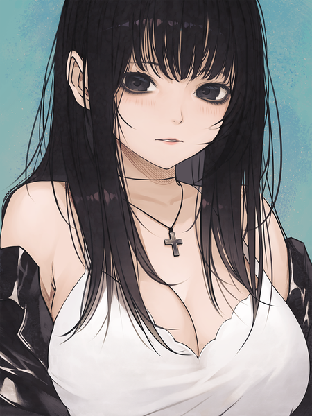 Anime-Bild 1125x1500 mit original jchoy single long hair tall image looking at viewer fringe breasts light erotic black hair simple background hair between eyes large breasts cleavage upper body black eyes aqua background girl cross cross necklace