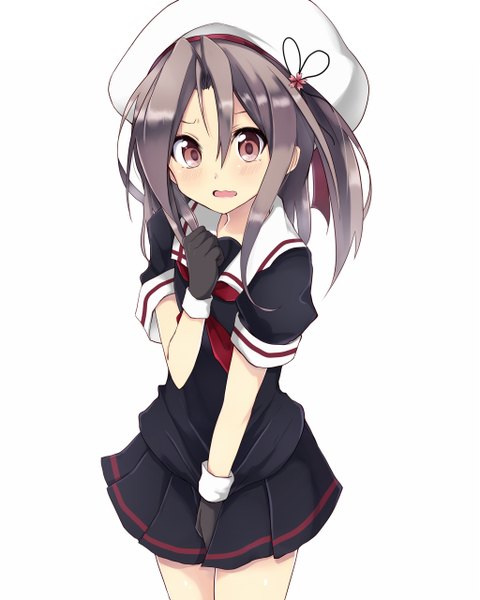 Anime picture 1024x1280 with kantai collection zuihou light aircraft carrier harusame destroyer amano kouki single long hair tall image looking at viewer blush open mouth simple background white background purple eyes purple hair harusame (kantai collection) (cosplay) girl gloves uniform black gloves serafuku