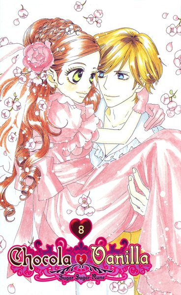 Anime picture 1092x1780 with sugar sugar rune studio pierrot chocolat meilleure pierre tempete du neige long hair tall image short hair blue eyes blonde hair simple background smile brown hair white background green eyes braid (braids) hair flower scan orange hair inscription couple