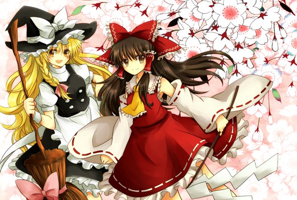 Anime picture 1748x1181 with touhou hakurei reimu kirisame marisa tm-pika long hair highres open mouth blonde hair smile brown hair multiple girls brown eyes braid (braids) orange eyes cherry blossoms side braid girl skirt bow 2 girls