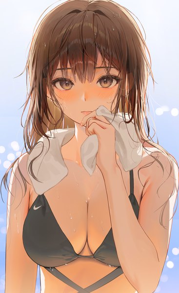 Anime picture 1425x2329 with original nike tokkihouse single long hair tall image looking at viewer blush fringe breasts light erotic brown hair large breasts brown eyes cleavage upper body blunt bangs arm up wet towel around neck
