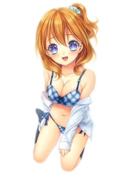 Anime picture 1100x1500 with original momoi komomo single tall image looking at viewer blush short hair breasts open mouth blue eyes light erotic simple background white background :d orange hair open clothes open shirt one side up girl navel