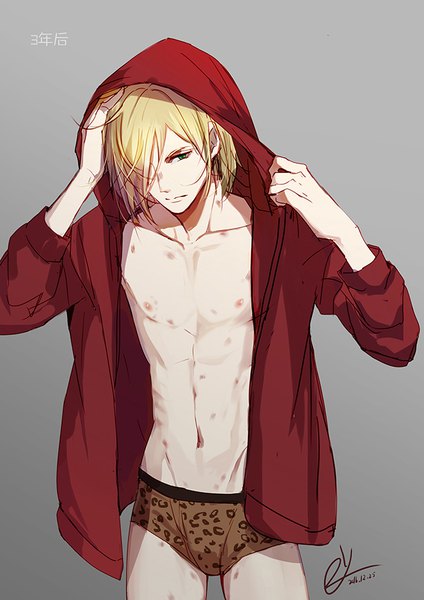 Anime picture 650x919 with yuri!!! on ice mappa yuri plisetsky 2y single tall image fringe short hair light erotic simple background blonde hair green eyes signed hair over one eye grey background groin dated looking down hand on head serious