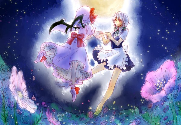 Anime picture 1533x1067 with touhou remilia scarlet izayoi sakuya maid girl wings sunata