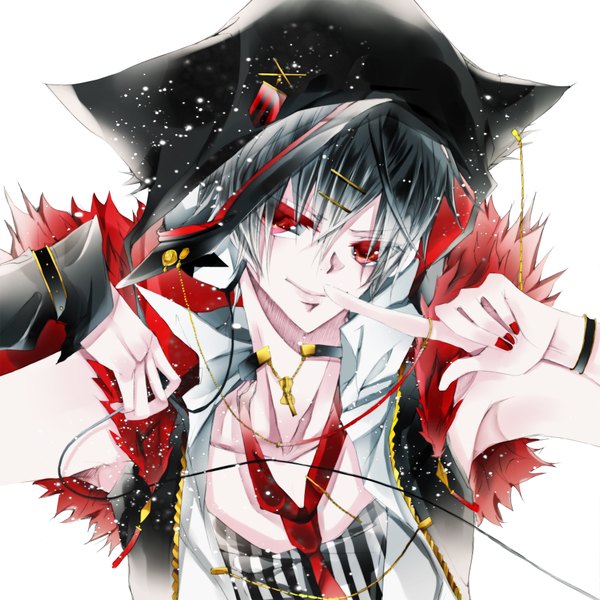 Anime picture 1850x1850 with vocaloid aizi daiviad looking at viewer highres short hair black hair smile red eyes white background nail polish finger to mouth boy hair ornament hat necktie hairclip pirate hat