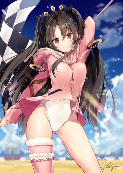 Anime-Bild 600x847 mit fate (series) fate/grand order ishtar (fate) ishtar (swimsuit rider) (fate) necomi (gussan) single long hair tall image looking at viewer blush fringe light erotic hair between eyes red eyes standing holding signed payot cloud (clouds) light smile