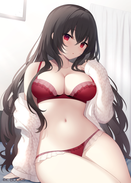 Anime picture 582x810 with original miko (royal milk) single long hair tall image looking at viewer fringe breasts light erotic black hair hair between eyes red eyes large breasts sitting payot indoors long sleeves parted lips head tilt off shoulder