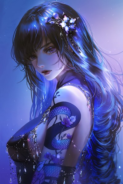 Anime picture 4000x6000 with genshin impact raiden shogun nixeu single long hair tall image looking at viewer blush fringe highres breasts light erotic simple background large breasts purple eyes blue hair absurdres upper body lips realistic