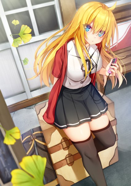 Anime picture 1433x2023 with original chikuwabuta single long hair tall image looking at viewer blush fringe blue eyes blonde hair hair between eyes standing holding payot ahoge bent knee (knees) outdoors head tilt pleated skirt wind