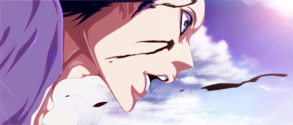 Anime picture 1250x536 with bleach studio pierrot zaraki kenpachi eroishi single short hair open mouth blue eyes black hair wide image sky cloud (clouds) sunlight teeth coloring close-up boy