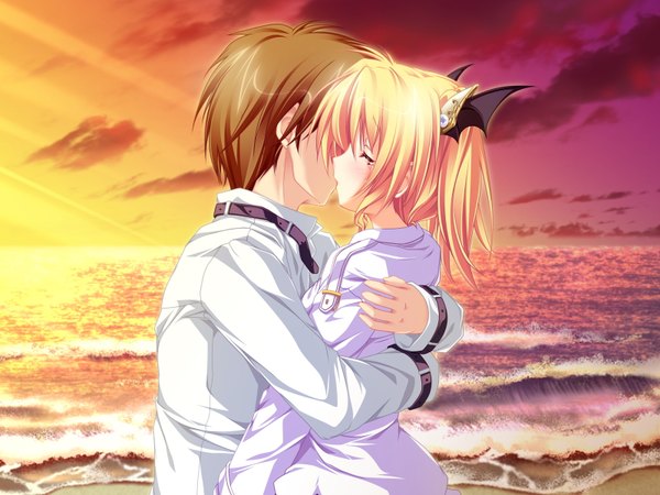 Anime picture 1600x1200 with magus tale whirlpool (studio) nina geminis amagase daiki tenmaso blush short hair blonde hair brown hair twintails game cg eyes closed profile hug tears beach evening sunset kiss girl