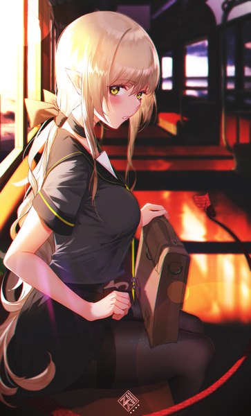 Anime picture 2631x4343 with original nonaginta novem single long hair tall image looking at viewer blush fringe highres blonde hair hair between eyes sitting signed yellow eyes payot tail parted lips pleated skirt pointy ears sunlight