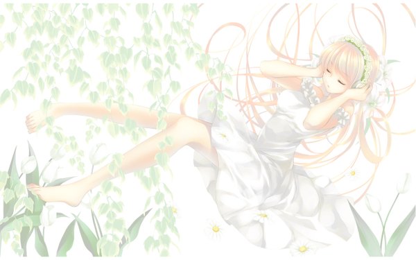 Anime picture 1280x800 with ayase hazuki long hair blonde hair wide image eyes closed barefoot dress flower (flowers) headphones