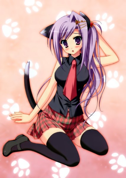Anime picture 1710x2400 with prismrhythm (game) tokitou kasumi sesena yau long hair tall image blush highres open mouth sitting purple eyes ponytail scan cat girl sleeveless side ponytail paw print girl thighhighs hair ornament black thighhighs