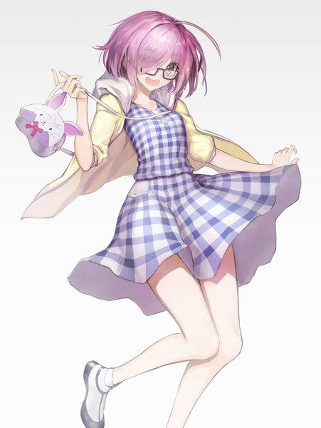 Anime picture 1300x1729 with fate (series) fate/grand order mash kyrielight mins (minevi) single tall image fringe short hair open mouth simple background white background looking away pink hair ahoge pink eyes hair over one eye plaid girl dress glasses