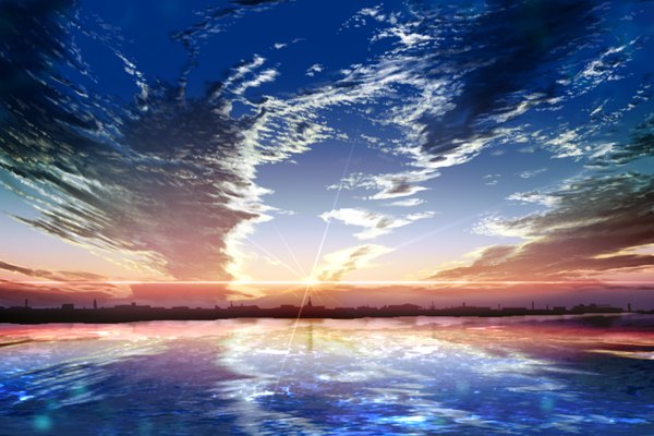 Anime picture 1500x1000 with original kuro (pixiv 906751) sky cloud (clouds) sunlight city evening sunset landscape scenic sea