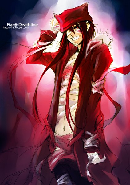 Anime picture 600x851 with original zefair (artist) single long hair tall image smile red eyes standing red hair open clothes open jacket dark background arm behind head blood stains boy navel jacket fur bandage (bandages) cap