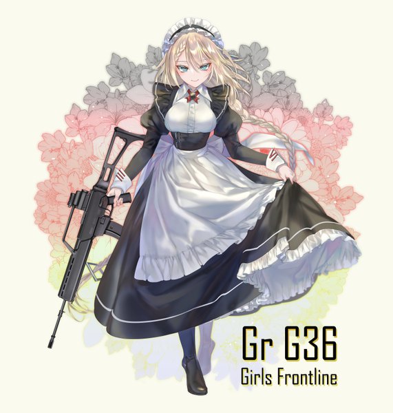 Anime picture 6000x6300 with girls frontline g36 (girls frontline) pottsness single long hair tall image looking at viewer blush fringe highres breasts smile standing holding absurdres full body braid (braids) maid puffy sleeves copyright name