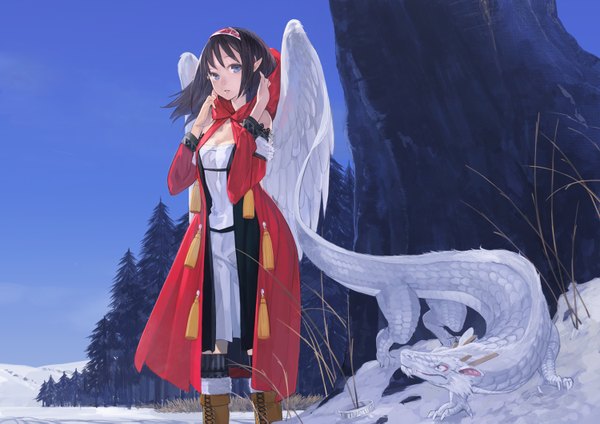 Anime picture 1500x1061 with original toro single long hair blue eyes black hair pointy ears winter angel wings girl plant (plants) animal wings tree (trees) boots hairband dragon