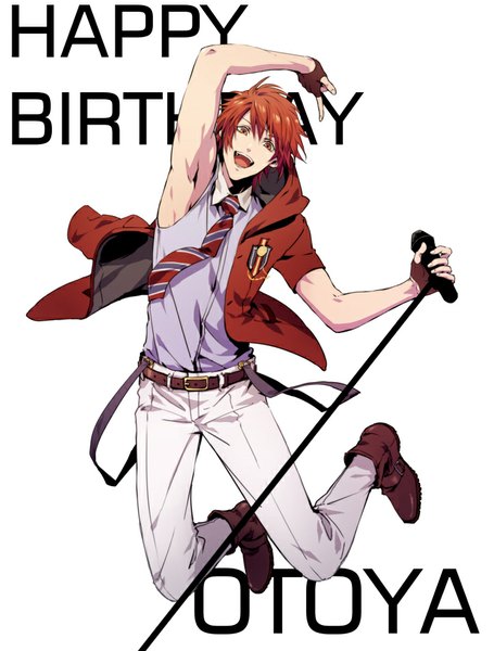 Anime picture 723x952 with uta no prince-sama a-1 pictures ittoki otoya meromizawa (artist) single tall image looking at viewer short hair open mouth simple background smile red eyes white background holding bent knee (knees) red hair arm up inscription open clothes open jacket