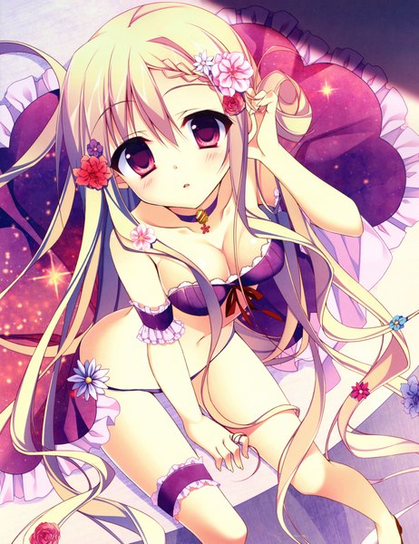 Anime picture 6700x8689 with original kiseri momo single long hair tall image looking at viewer blush highres breasts light erotic blonde hair sitting purple eyes absurdres braid (braids) parted lips hair flower from above looking up side braid