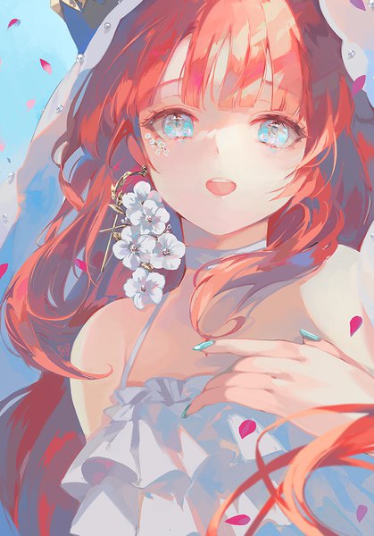 Anime picture 814x1166 with genshin impact nilou (genshin impact) pla4neta single long hair tall image looking at viewer fringe open mouth blue eyes upper body red hair nail polish :d blue nail polish girl flower (flowers) petals choker single earring
