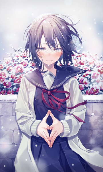 Anime picture 721x1200 with original oshio (dayo) single tall image blush short hair black hair outdoors wind black eyes tears looking down snowing winter snow fingers together girl uniform flower (flowers) serafuku