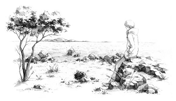 Anime picture 2120x1226 with dzun single highres short hair wide image sitting looking away from behind shadow monochrome horizon landscape hands in pockets boy plant (plants) tree (trees) water jacket hood hoodie