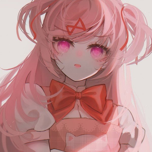 Anime picture 1500x1500 with doki doki literature club natsuki (doki doki literature club) wny (wnys art) single long hair looking at viewer blush fringe open mouth simple background white background pink hair upper body pink eyes :o short sleeves fang (fangs) two side up puffy sleeves girl