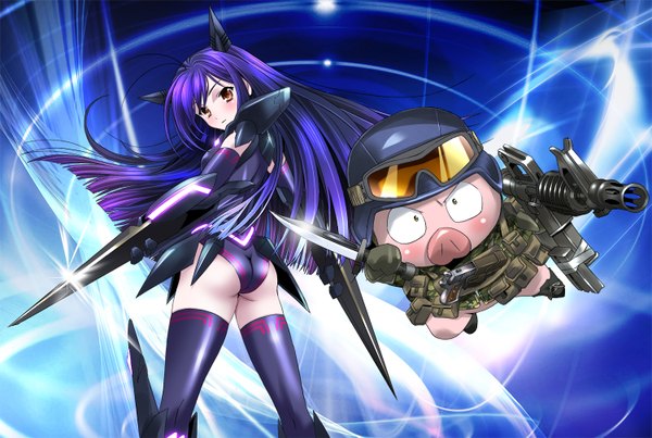 Anime picture 1500x1008 with accel world sunrise (studio) kuroyukihime arita haruyuki black lotus (accel world) platin (alios) long hair blush fringe light erotic brown eyes blue hair couple goggles on head personification mecha musume girl thighhighs uniform weapon