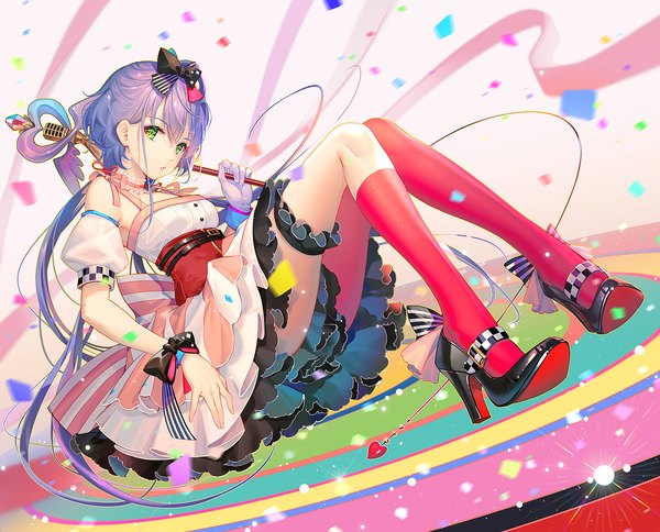 Anime picture 1500x1211 with vocaloid vocaloid china luo tianyi tidsean single long hair looking at viewer fringe breasts simple background hair between eyes twintails holding green eyes purple hair full body bent knee (knees) parted lips high heels low twintails