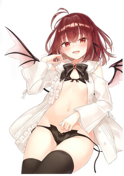 Anime picture 2419x3421 with original azuuru single tall image looking at viewer blush fringe highres short hair open mouth light erotic simple background smile hair between eyes red eyes white background ahoge red hair lying :d