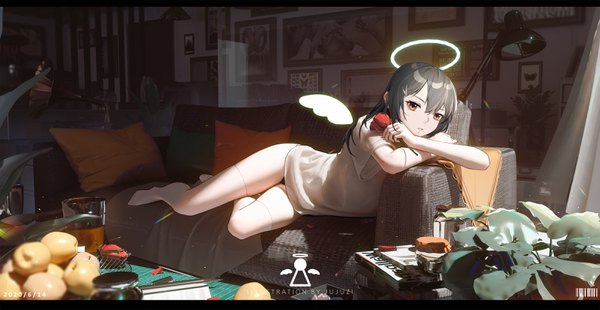 Anime picture 3176x1645 with original xtears kitsune single long hair looking at viewer fringe highres light erotic black hair hair between eyes wide image holding signed full body indoors lying parted lips wide sleeves short sleeves orange eyes