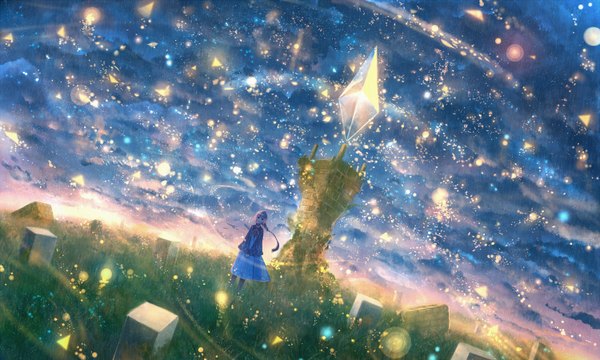 Anime picture 1500x900 with original bounin single long hair looking at viewer fringe smile wide image standing pink hair sky cloud (clouds) ahoge girl skirt plant (plants) cape grass crystal long skirt