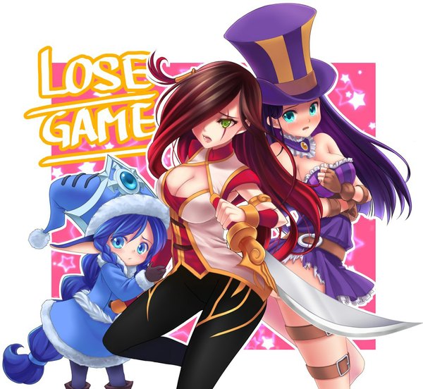 Anime picture 1000x921 with league of legends katarina (league of legends) lulu (league of legends) caitlyn (league of legends) piko (mea) long hair looking at viewer blush fringe blue eyes light erotic brown hair multiple girls green eyes animal ears blue hair purple hair red hair very long hair parted lips