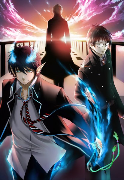 Anime picture 882x1280 with ao no exorcist a-1 pictures okumura rin okumura yukio fujimoto shirou kzcjimmy tall image short hair black hair brown hair holding green eyes blue hair sky cloud (clouds) light smile wind pointy ears grey hair from behind