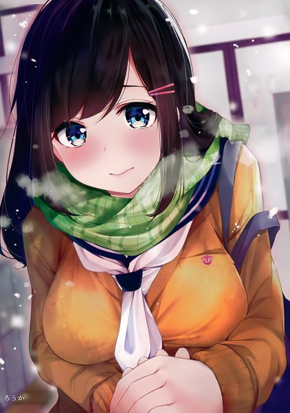 Anime picture 2486x3532 with melonbooks rouka (akatyann) long hair tall image looking at viewer blush fringe highres breasts blue eyes black hair large breasts signed payot upper body blurry scan holding hands snowing solo focus