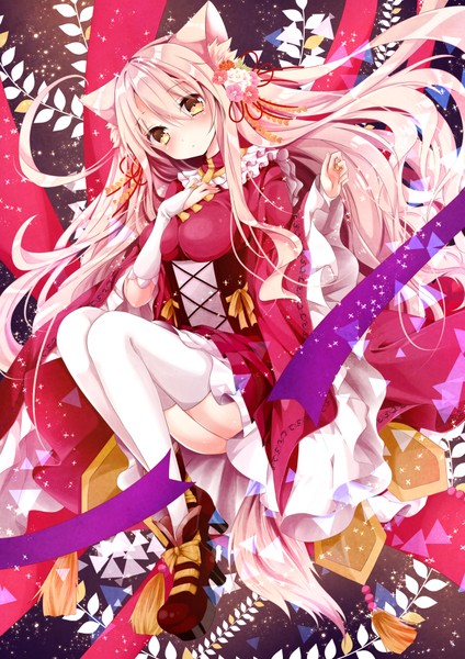 Anime picture 707x1000 with original nanase kureha nanase nao single tall image looking at viewer blush fringe breasts hair between eyes animal ears yellow eyes payot pink hair bent knee (knees) tail long sleeves very long hair traditional clothes head tilt