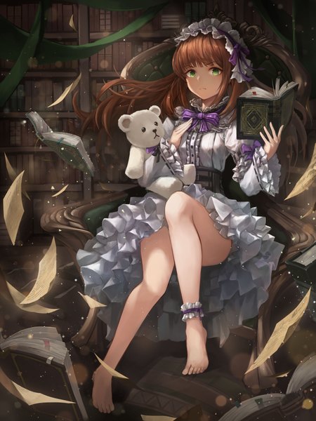 Anime picture 3000x4000 with original crystalherb single long hair tall image looking at viewer fringe highres brown hair sitting holding green eyes full body bent knee (knees) long sleeves barefoot wide sleeves bare legs no shoes hug