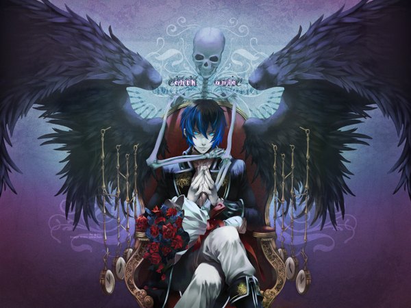 Anime picture 1400x1050 with vocaloid kaito (vocaloid) short hair blue eyes simple background smile sitting blue hair inscription hug pale skin skeleton boy gloves flower (flowers) wings rose (roses) clock bouquet armchair
