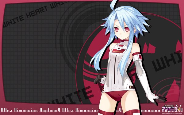 Anime picture 1920x1200 with kami jigen game neptune v white heart tsunako ranoha single long hair looking at viewer highres light erotic red eyes wide image bare shoulders blue hair ahoge wallpaper girl gloves elbow gloves
