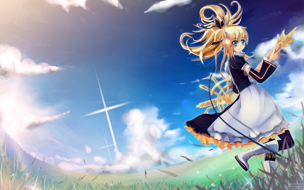 Anime picture 1600x1000 with vocaloid meltdown (vocaloid) kagamine rin dxlsmax (lizhimin) blue eyes blonde hair wide image sky cloud (clouds) girl dress plant (plants) headphones grass wire (wires)