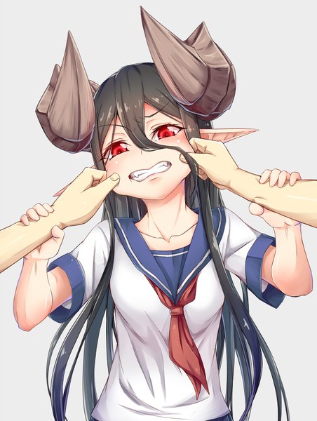 Anime picture 753x1000 with original horned girl (dream demon) dream demon long hair tall image blush fringe black hair simple background hair between eyes red eyes holding upper body horn (horns) pointy ears grey background teeth short sleeves fang (fangs) gradient hair