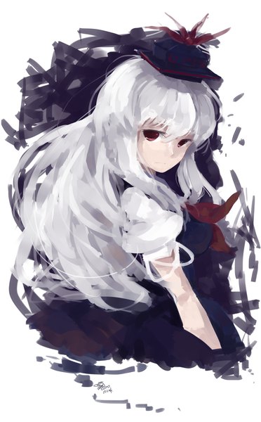 Anime picture 1240x2000 with touhou kamishirasawa keine mikuru rumisora single long hair tall image looking at viewer fringe red eyes white background signed silver hair girl dress hat