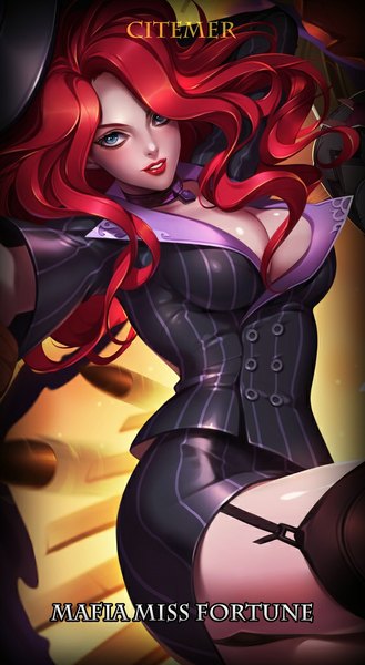 Anime picture 562x1024 with league of legends miss fortune (league of legends) gu-ko citemer single long hair tall image breasts blue eyes light erotic large breasts red hair lips lipstick eyebrows red lipstick girl thighhighs underwear panties black thighhighs