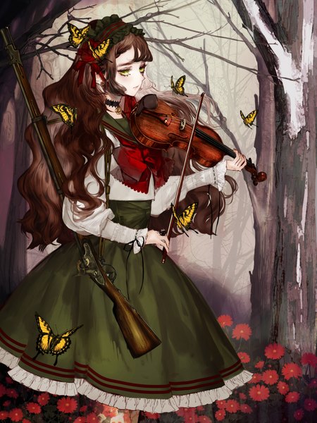 Anime picture 1500x2000 with original shikishima (eiri) single long hair tall image blush fringe brown hair standing holding green eyes looking away long sleeves profile eyebrows bare tree girl dress flower (flowers) weapon