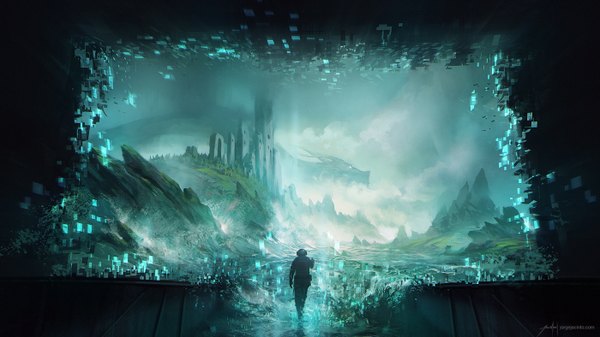 Anime picture 1400x788 with original jjcanvas wide image standing signed cloud (clouds) from behind mountain fantasy walking river boy plant (plants) tree (trees) water grass helmet dragon castle spacesuit